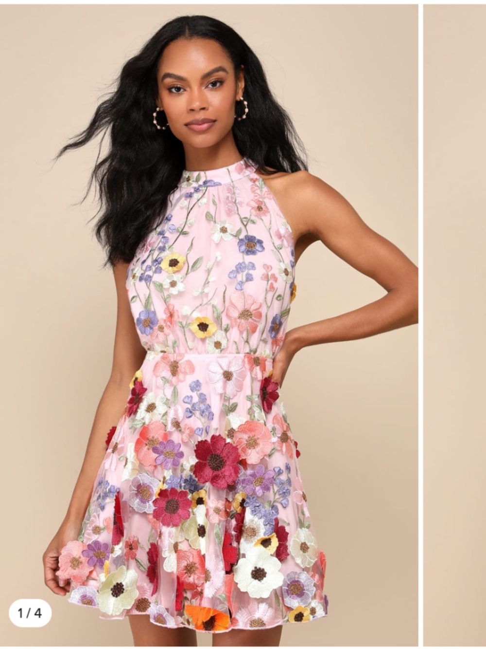 Blooming Bliss Pink 3D Floral Embroidered Halter Mini Dress NWT
